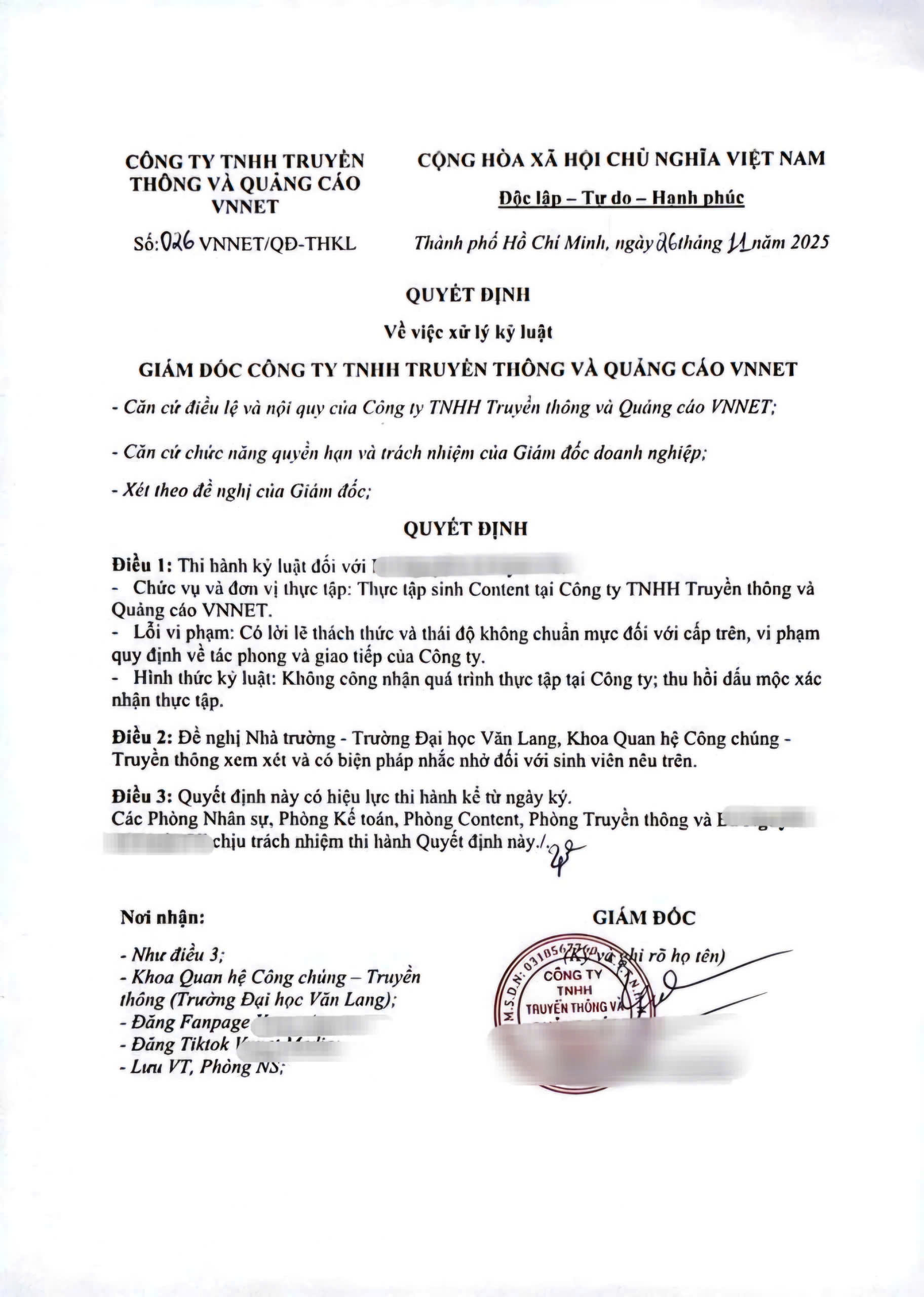 Vụ công ty Vnnet kỷ luật nữ sinh viên thực tập: Có thể khởi kiện không? - Ảnh 1.