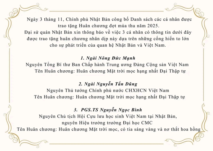 Nhật Bản trao tặng Hu&acirc;n chương Mặt trời mọc cho nguy&ecirc;n l&atilde;nh đạo cấp cao Việt Nam- Ảnh 1.