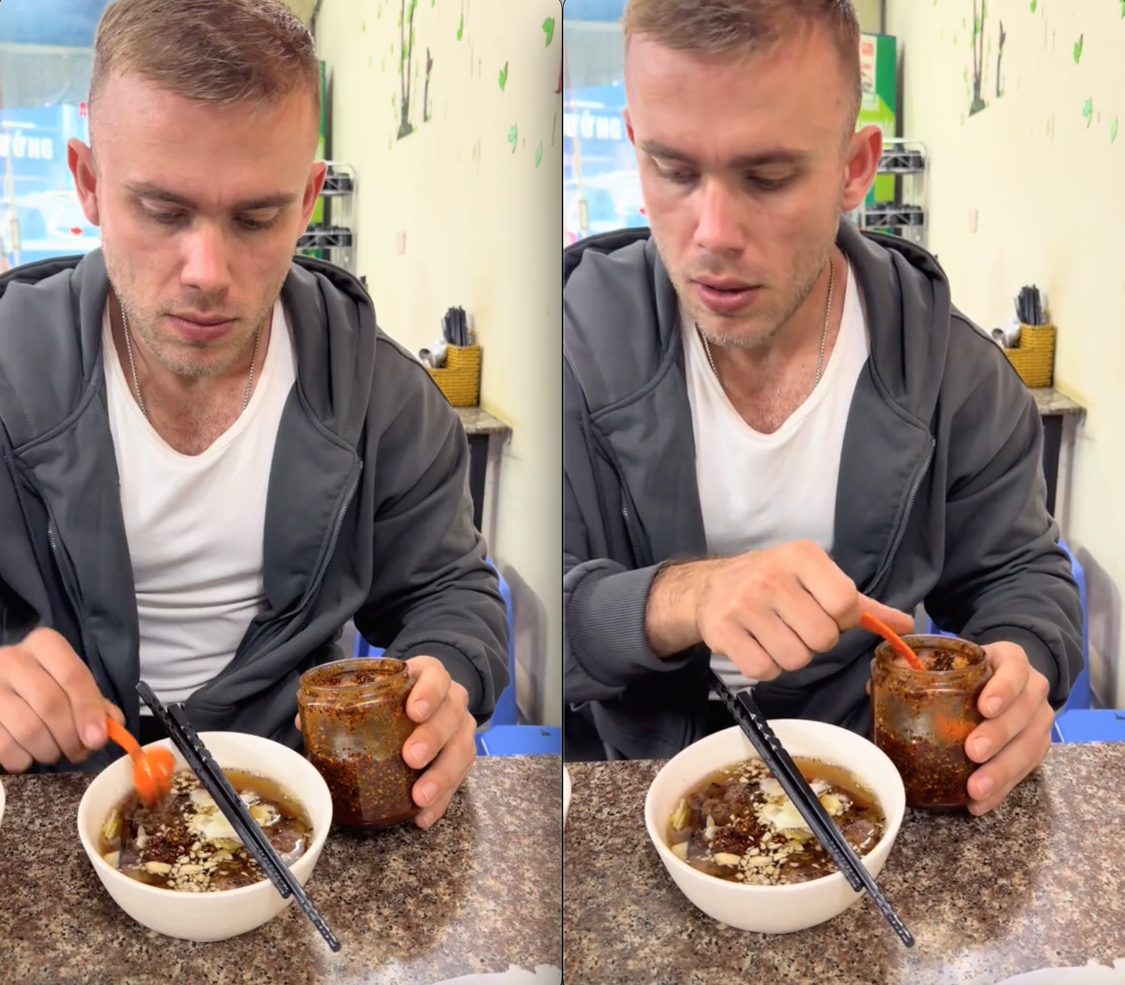 Nh&igrave;n kh&aacute;ch T&acirc;y ăn b&uacute;n chả, d&acirc;n mạng Việt hết hồn v&igrave; "tưởng anh ấy vừa đi bốc v&aacute;c về" - Ảnh 1.