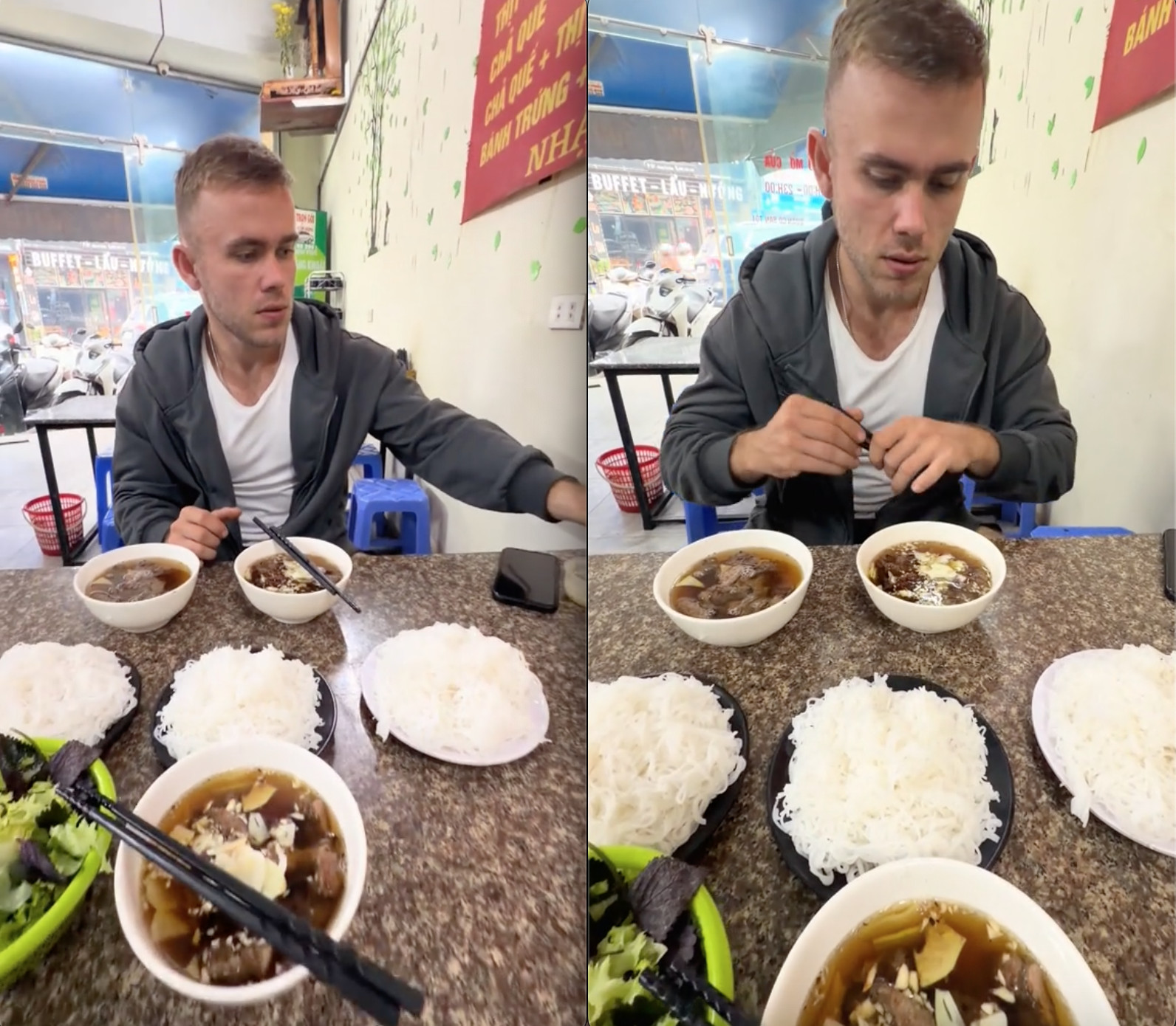 Nh&igrave;n kh&aacute;ch T&acirc;y ăn b&uacute;n chả, d&acirc;n mạng Việt hết hồn v&igrave; "tưởng anh ấy vừa đi bốc v&aacute;c về" - Ảnh 2.