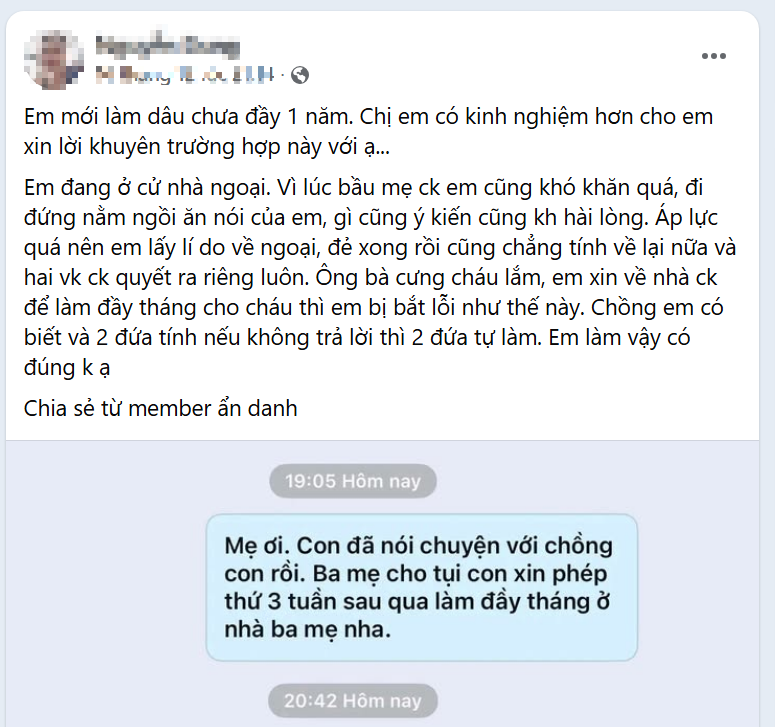 Con d&acirc;u đang ở ngoại nhắn tin xin ph&eacute;p mẹ chồng về nội l&agrave;m đầy th&aacute;ng cho con nhưng bị "chỉnh đốn": Sai ở đ&acirc;u?- Ảnh 1.