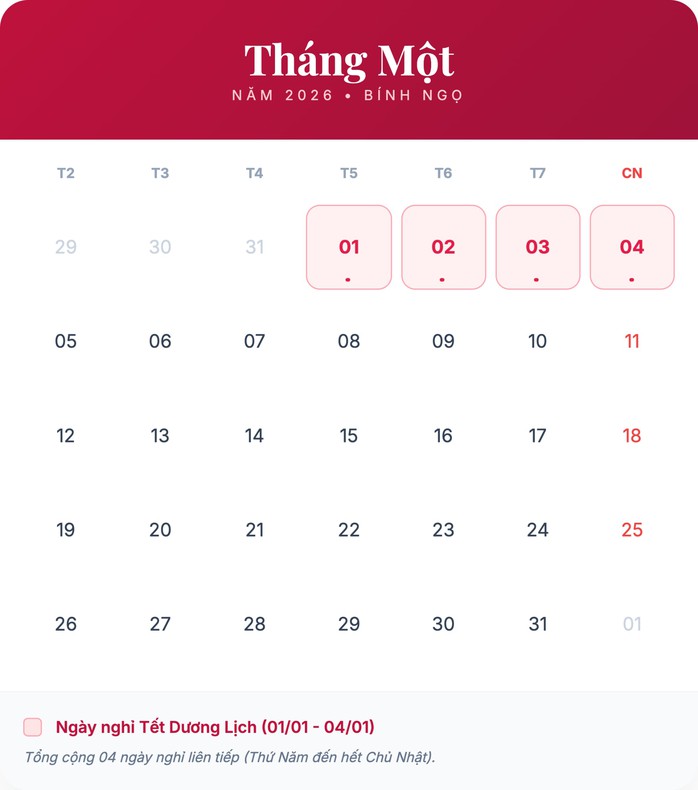 Bộ Nội vụ th&ocirc;ng b&aacute;o về lịch nghỉ Tết Dương lịch 4 ng&agrave;y li&ecirc;n tục - Ảnh 1.