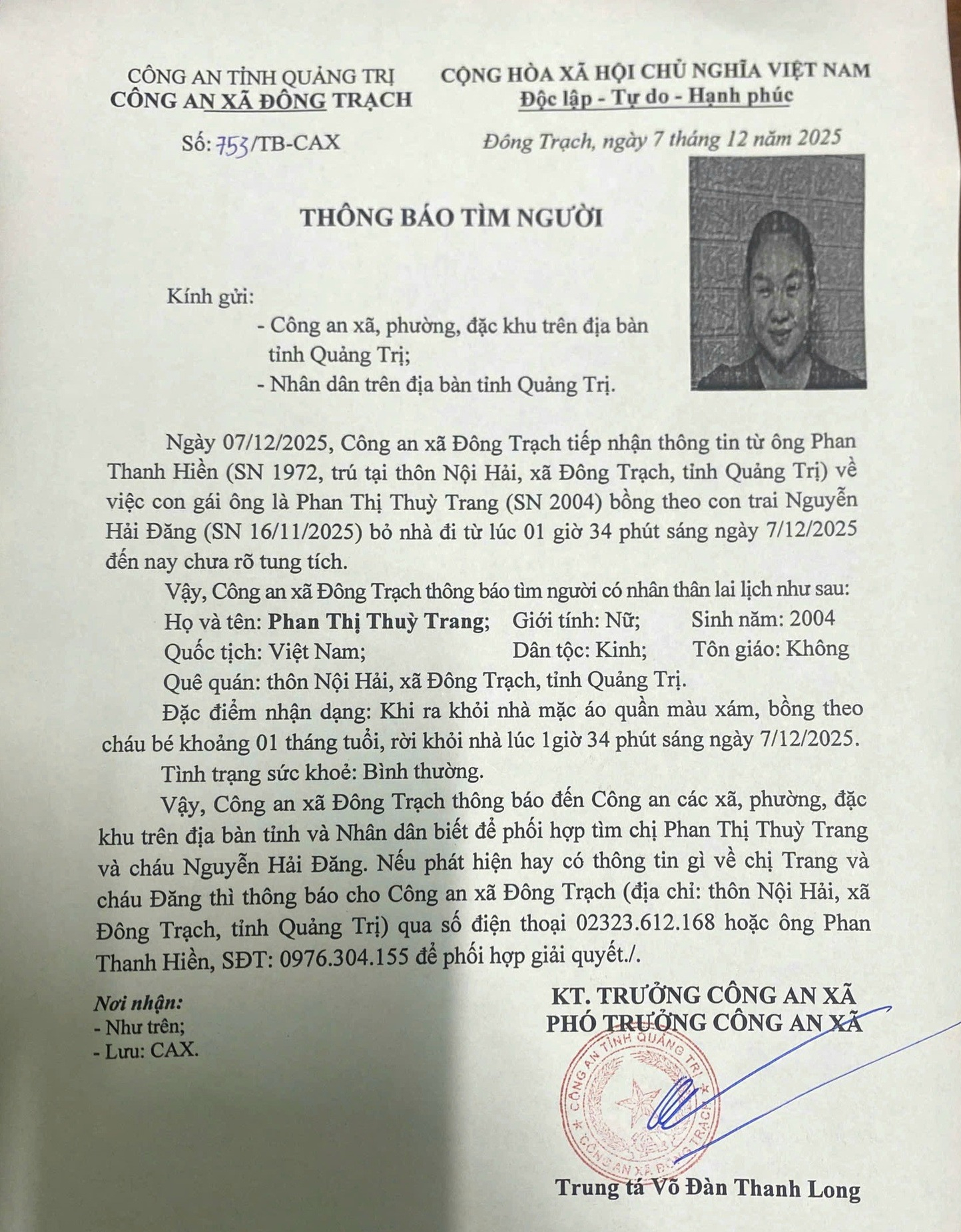 Mẹ trẻ mất tích bí ẩn cùng con sơ sinh ở Quảng Trị lúc rạng sáng - Ảnh 1. Mẹ trẻ mất tích bí ẩn cùng con sơ sinh ở Quảng Trị lúc rạng sáng - Ảnh 1.