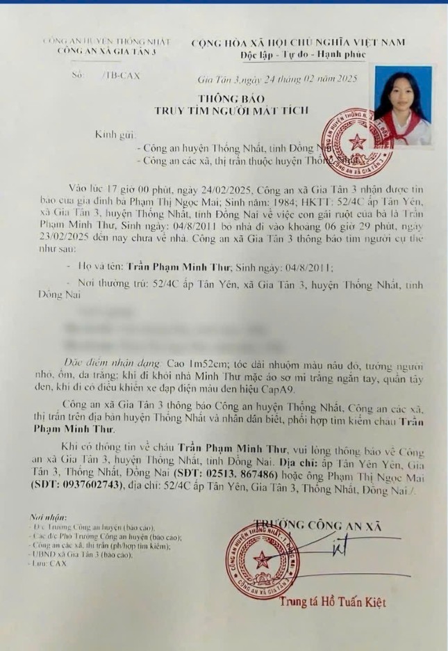 Tìm nữ sinh 14 tuổi mất tích tại Đồng Nai gây lo lắng cho gia đình - Ảnh 1.