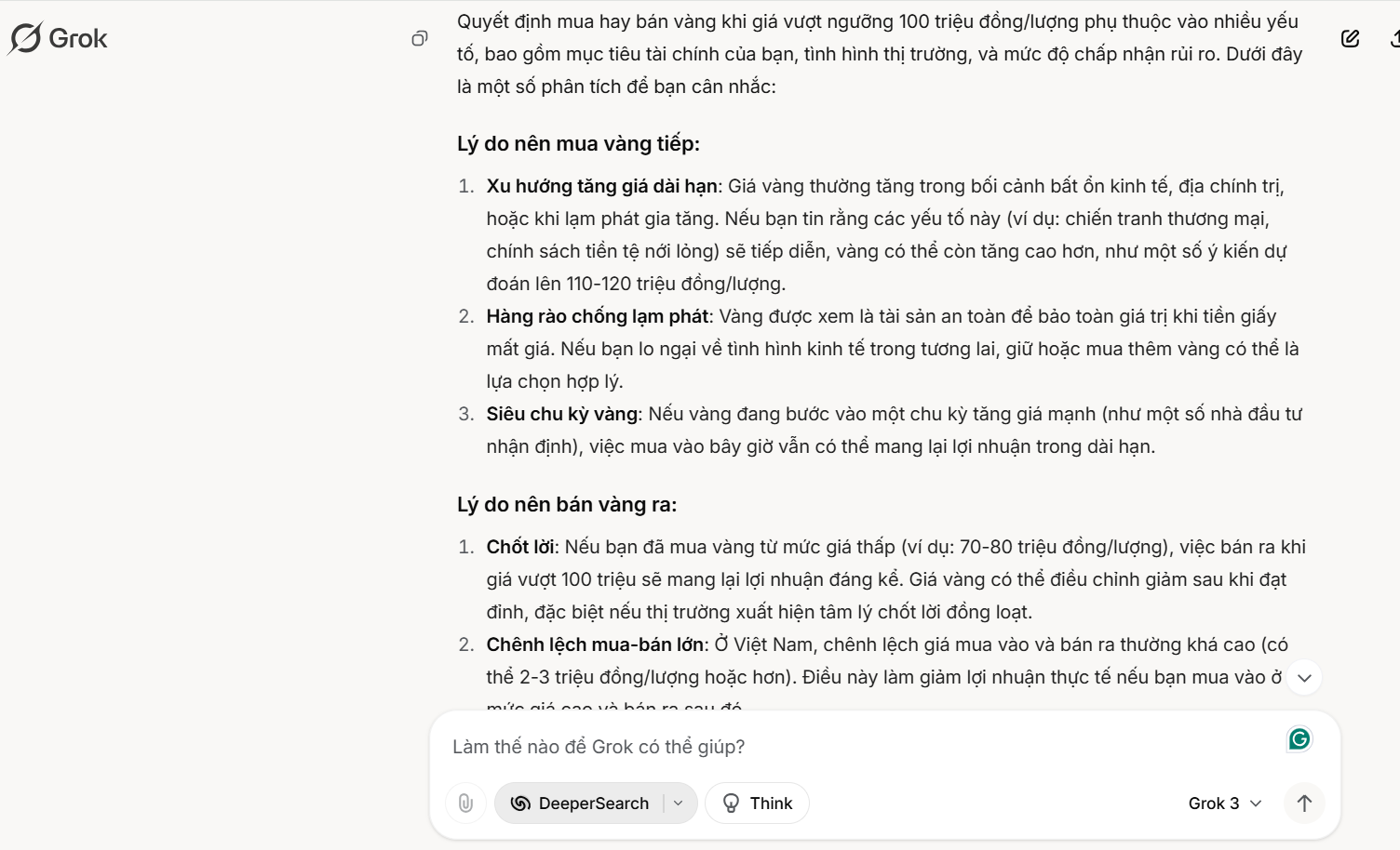 “Nên mua vàng tiếp hay bán vàng ra khi vàng vượt ngưỡng 100 triệu đồng/lượng?” – Grok 3 và ChatGPT trả lời sao?