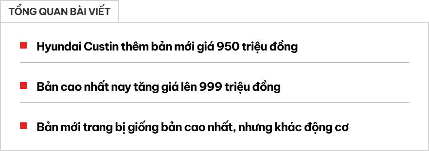 Hyundai Custin thêm bản mới trang bị như bản cao nhất, chỉ khác động cơ, giá thấp hơn 49 triệu - Ảnh 1.