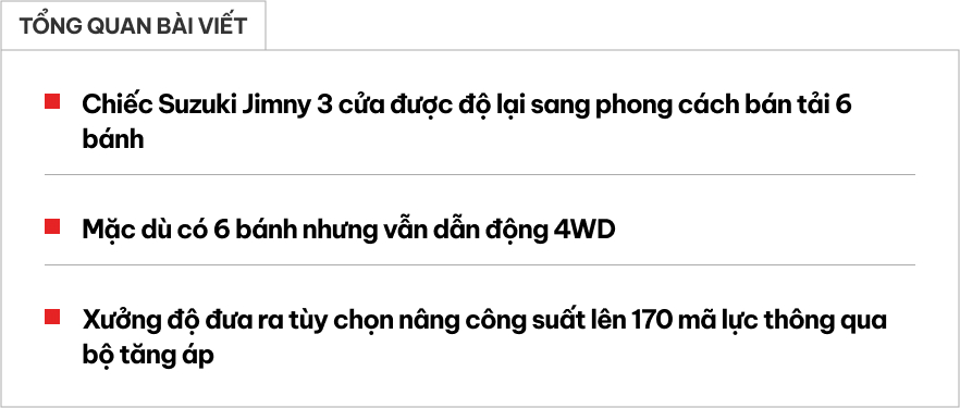 Suzuki Jimny có bản độ 6 bánh như G63: Giá đấu 1,45 tỷ đồng, thêm thùng thành bán tải, nâng cấp turbo mạnh 170hp - Ảnh 1.