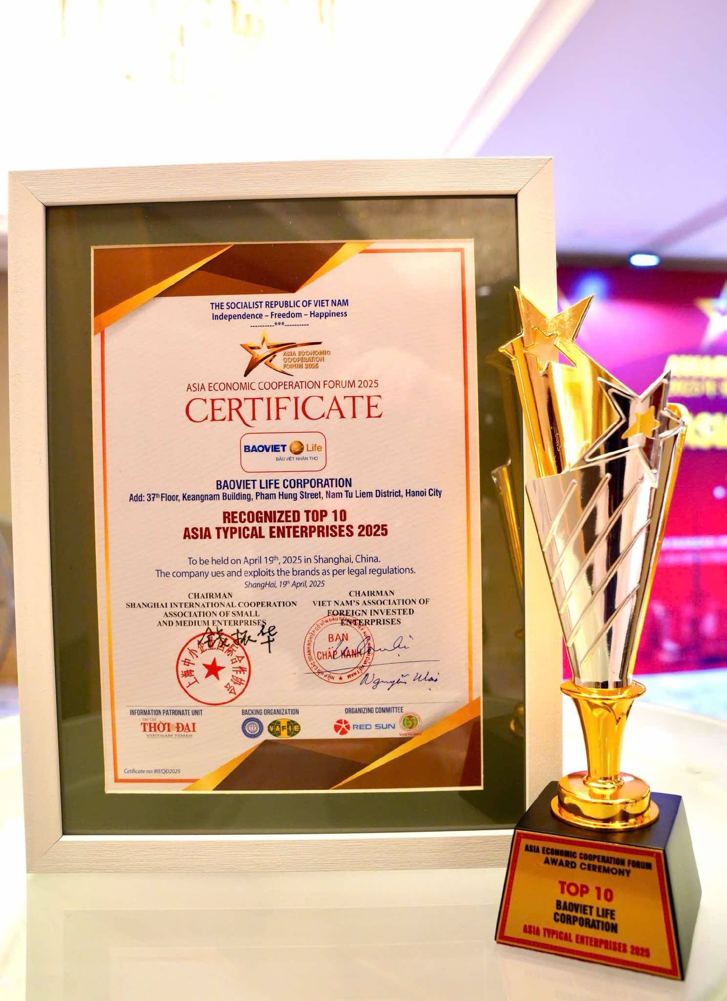 Bảo Việt Nh&acirc;n Thọ được vinh danh top 10 doanh nghiệp ti&ecirc;u biểu Ch&acirc;u &Aacute; 2025 tại Thượng Hải (Trung Quốc)- Ảnh 1.