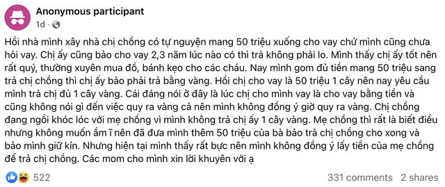 Vay chị chồng 50 triệu nhưng bị đ&ograve;i trả 1 c&acirc;y v&agrave;ng, c&ocirc; g&aacute;i chết sững khi nhận "giao dịch b&iacute; mật" từ mẹ chồng: Sao mẹ lại l&agrave;m thế...- Ảnh 1.