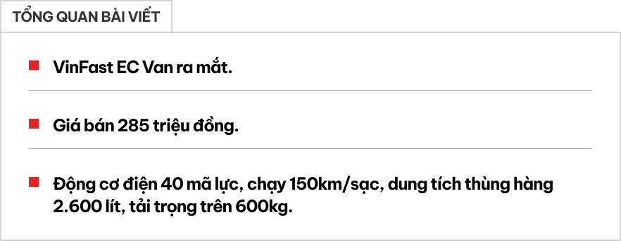 VinFast EC Van ra mắt Việt Nam: Giá từ 285 triệu đồng, động cơ ngang VF 3, chạy 150km/sạc, thùng hàng 2.600 lít, tải trọng trên 600kg - Ảnh 1.