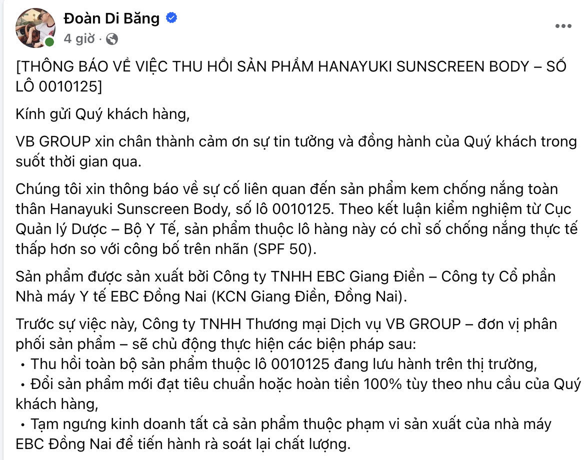 Đoàn Di Băng nhận là “bên thiệt hại” sau vụ thu hồi kem chống nắng- Ảnh 1. Đoàn Di Băng nhận là “bên thiệt hại” sau vụ thu hồi kem chống nắng- Ảnh 1.