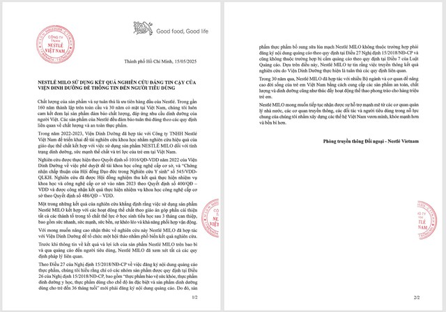 Nestl&eacute; Việt Nam phản hồi về việc sử dụng kết quả nghi&ecirc;n cứu khoa học của Viện Dinh dưỡng tr&ecirc;n c&aacute;c sản phẩm MILO- Ảnh 2.
