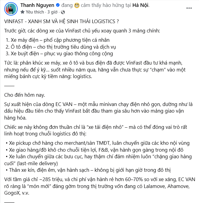 CEO Xanh SM: VinFast EC Van là 'món mới' đáng gờm trên thị trường logistics toàn các ông lớn như Lalamove, Ahamove- Ảnh 1. CEO Xanh SM: VinFast EC Van là 'món mới' đáng gờm trên thị trường logistics toàn các ông lớn như Lalamove, Ahamove- Ảnh 1.
