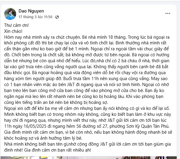 Người mẹ trẻ "lùng tìm" shipper áo đỏ sau cuộc giải cứu bé trai 18 tháng tự chốt cửa phòng- Ảnh 1. Người mẹ trẻ "lùng tìm" shipper áo đỏ sau cuộc giải cứu bé trai 18 tháng tự chốt cửa phòng- Ảnh 1.