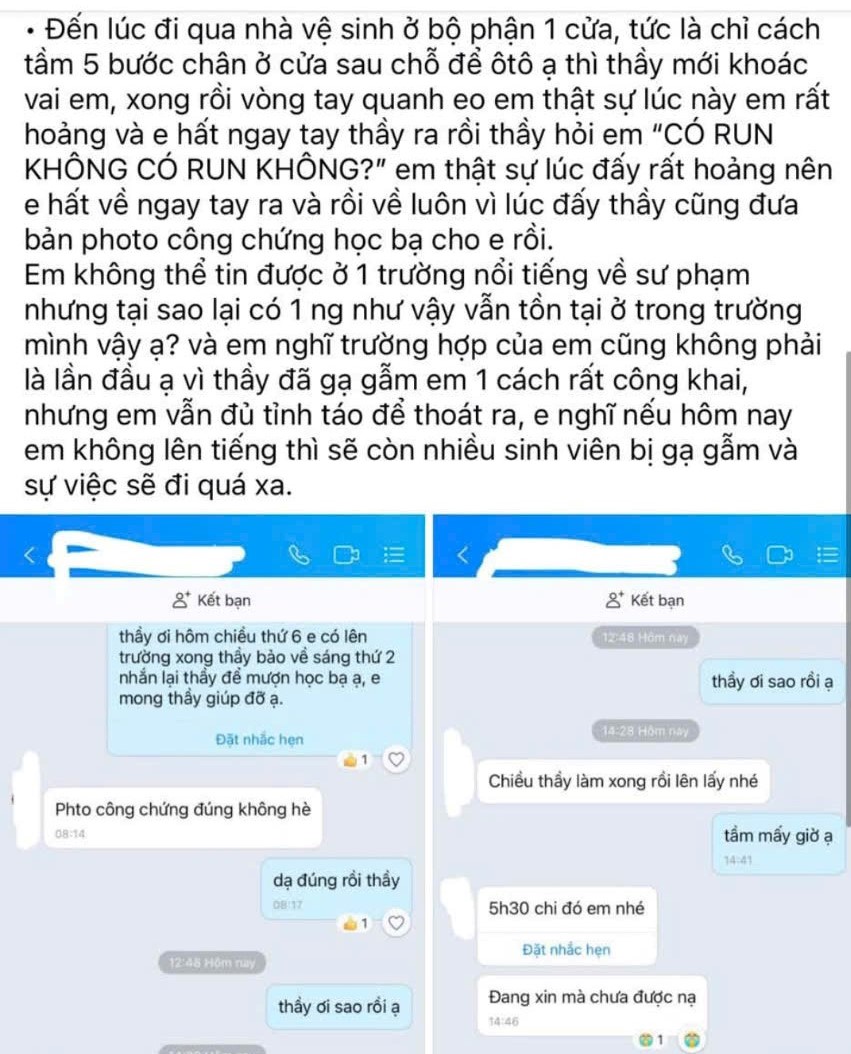 Xôn xao, thông tin thầy giáo gạ gẫm, sàm sỡ nữ sinh viên tại trường đại học- Ảnh 1.