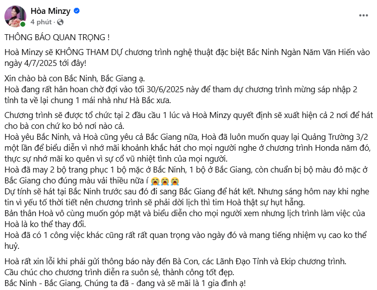 Hòa Minzy đưa ra thông báo quan trọng, liên quan đến sự kiện thành lập tỉnh Bắc Ninh mới- Ảnh 3.