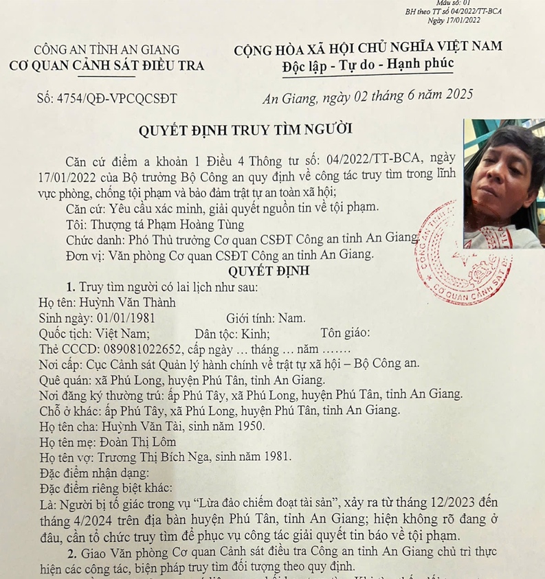 Công an tỉnh An Giang truy tìm đối tượng Huỳnh Văn Thành - Ảnh 2.