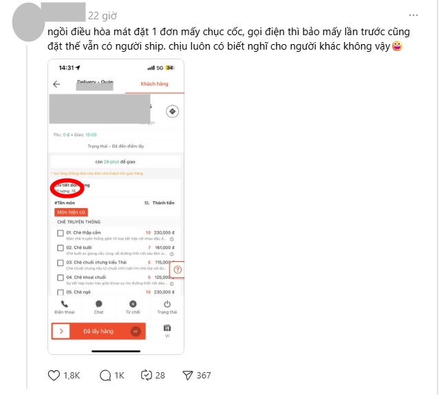 Ngồi điều hòa đặt 75 ly chè cùng 1 đơn, shipper Hà Nội bốc hỏa "có biết nghĩ cho người khác không vậy"? - Ảnh 1. Ngồi điều hòa đặt 75 ly chè cùng 1 đơn, shipper Hà Nội bốc hỏa "có biết nghĩ cho người khác không vậy"? - Ảnh 1.