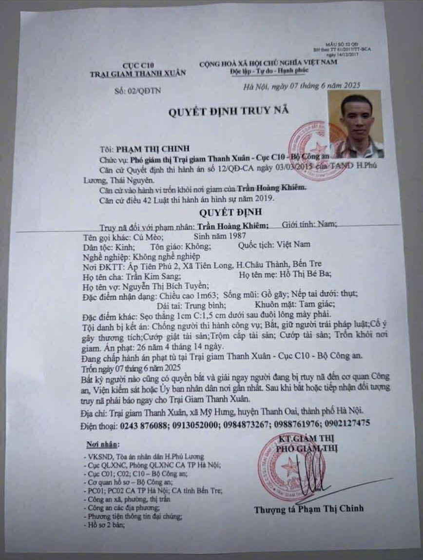 Hà Nội truy nã 2 phạm nhân trốn khỏi Trại giam Thanh Xuân - Ảnh 2.