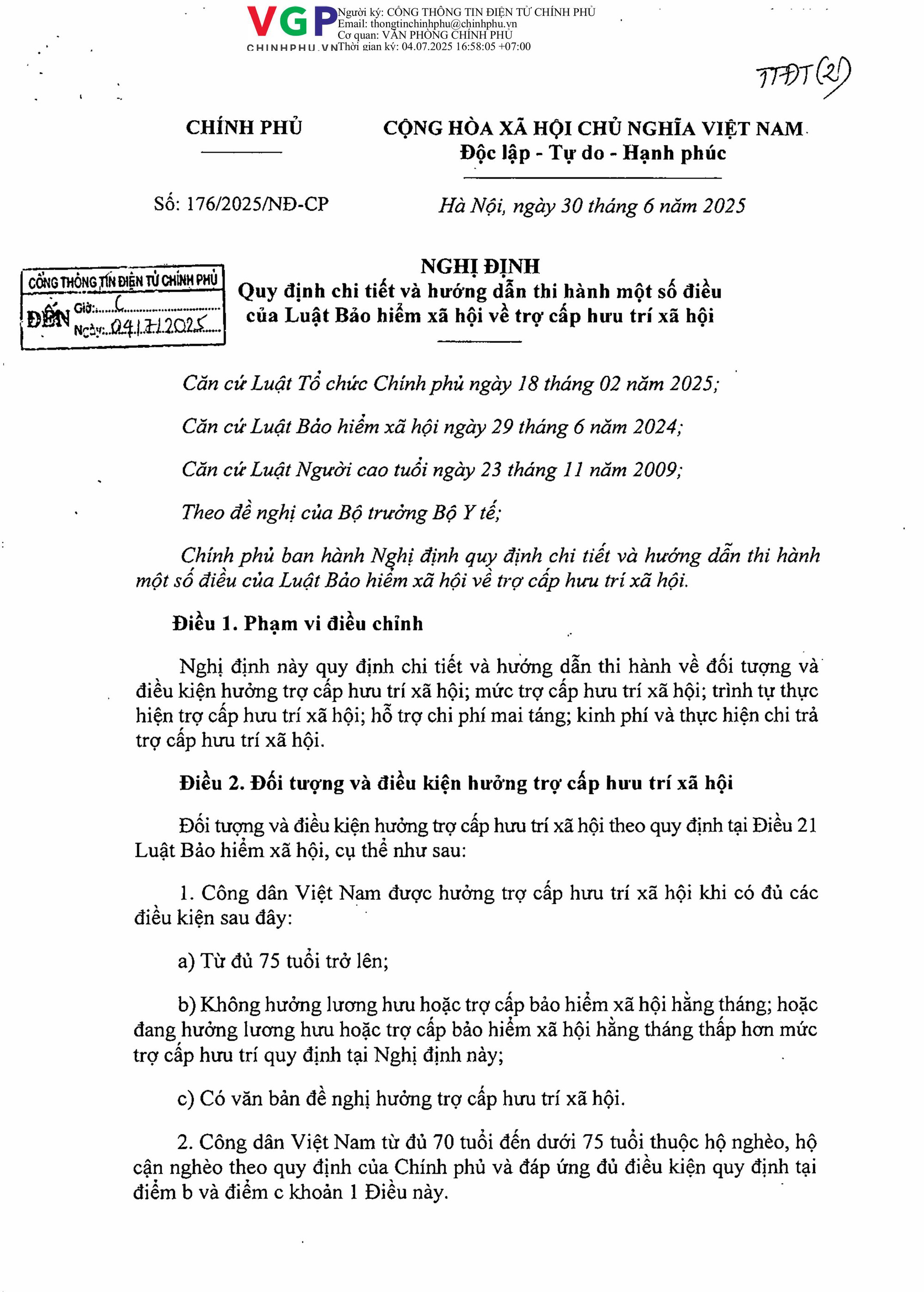 TOÀN VĂN: Nghị định 176/2025/NĐ-CP về trợ cấp hưu trí xã hội- Ảnh 2.