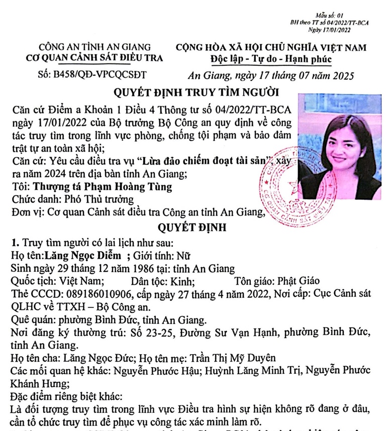 Công an An Giang truy tìm Lăng Ngọc Diễm trong vụ lừa đảo chiếm đoạt tài sản - Ảnh 1.