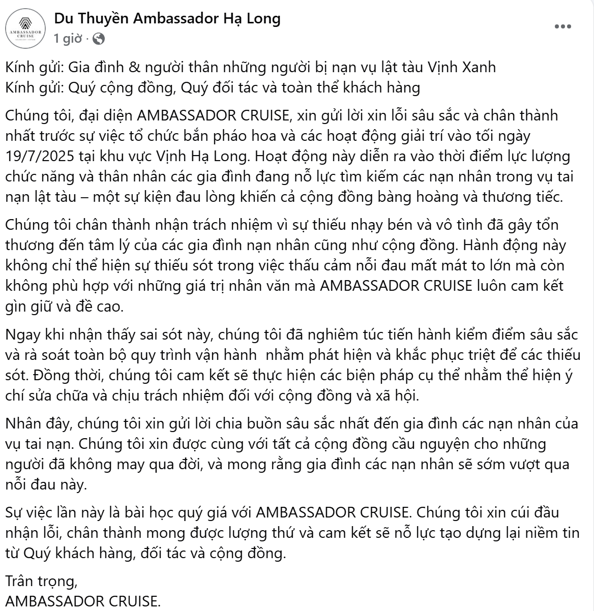 Du thuyền Ambassador xin lỗi vì tổ chức sự kiện trong ngày tàu Vịnh Xanh gặp nạn - Ảnh 2. Du thuyền Ambassador xin lỗi vì tổ chức sự kiện trong ngày tàu Vịnh Xanh gặp nạn - Ảnh 2.