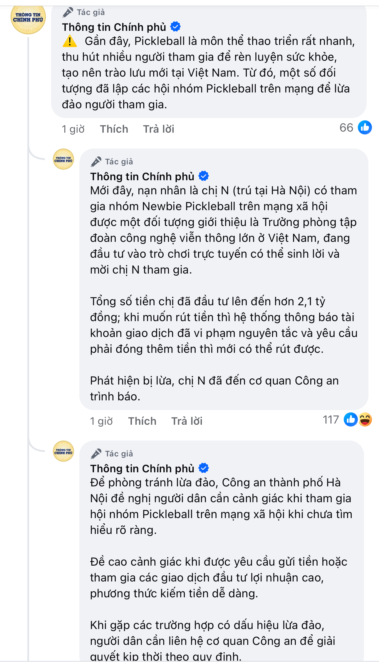 Fanpage Thông tin Chính phủ cảnh báo hội nhóm pickleball lừa đảo, người phụ nữ bị lừa 2,1 tỷ đồng- Ảnh 2.