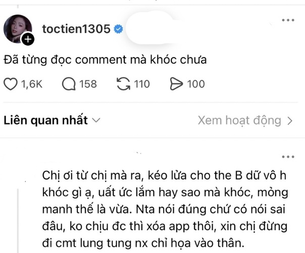 Tóc Tiên bị chỉ trích cực gắt trên Threads, đọc bình luận tiêu cực đến bật khóc- Ảnh 6.