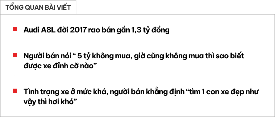 Rao Audi A8L 2017 giá 1,3 tỷ đồng, người bán chia sẻ: 5 tỷ không mua, giờ cũng không mua thì sao biết được 'trùm cuối Audi' đỉnh cỡ nào - Ảnh 1.