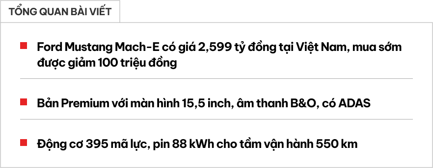 Ford Mustang Mach-E ra mắt Việt Nam: Giá 2,599 tỷ đồng, mạnh gần 400hp, đầy pin dư sức chạy Hà Nội - Quảng Bình- Ảnh 1.