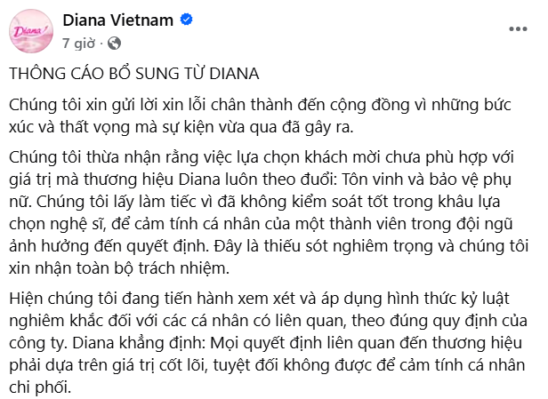 Diana liên tiếp ra thông cáo xin lỗi vụ mời nghệ sĩ dự sự kiện: Sẽ áp dụng hình thức kỷ luật nghiêm khắc đối với các cá nhân có liên quan - Ảnh 1.