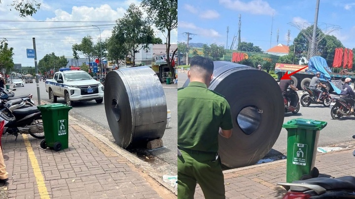 Hai cuộn thép hàng chục tấn rơi đè bẹp xe máy tại TP . HCM - Ảnh 2. Hai cuộn thép hàng chục tấn rơi đè bẹp xe máy tại TP . HCM - Ảnh 2.