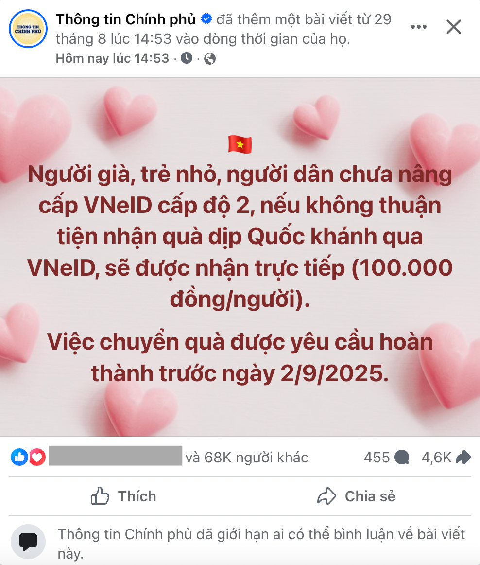 Người già, trẻ nhỏ, người chưa nâng cấp VNeID cấp 2 nhận 100.000 đồng quà Tết Độc lập bằng cách nào? - Ảnh 1. Người già, trẻ nhỏ, người chưa nâng cấp VNeID cấp 2 nhận 100.000 đồng quà Tết Độc lập bằng cách nào? - Ảnh 1.
