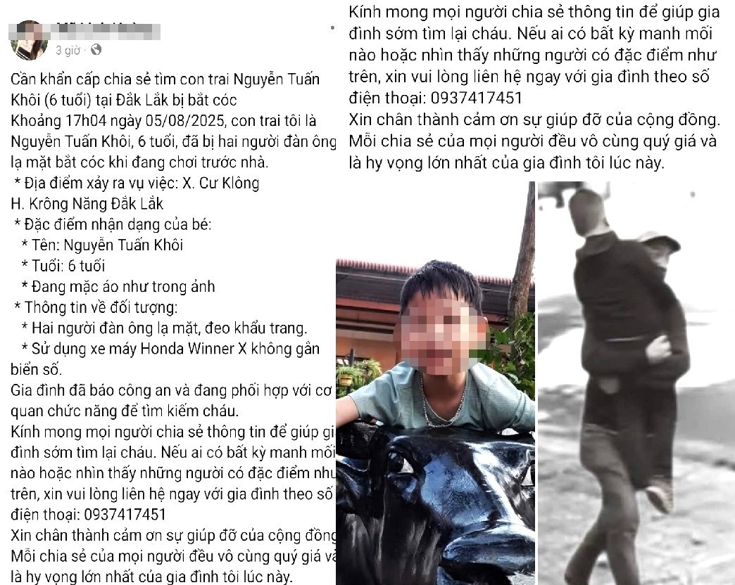 Thực hư vụ bé trai Đắk Lắk bị bắt cóc: Cơ quan chức năng lên tiếng - Ảnh 1. Thực hư vụ bé trai Đắk Lắk bị bắt cóc: Cơ quan chức năng lên tiếng - Ảnh 1.