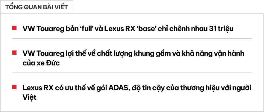 Ch&ecirc;nh 31 triệu đồng, chọn VW Touareg 'full' hay Lexus RX 'base': Bảng so s&aacute;nh dưới đ&acirc;y chỉ ra mọi kh&aacute;c biệt giữa hai xe- Ảnh 1.