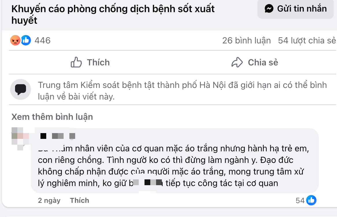 CDC Hà Nội khóa bình luận Fanpage vì nhân viên liên quan vụ 'mẹ kế bạo hành'- Ảnh 1.