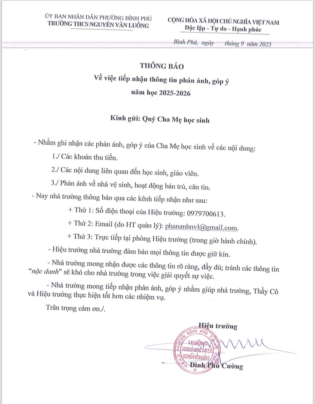 1 trường THCS KH&Ocirc;NG thu quỹ phụ huynh, c&ocirc;ng khai lu&ocirc;n số điện thoại Hiệu trưởng để cha mẹ tiện phản &aacute;nh lạm thu!- Ảnh 1.