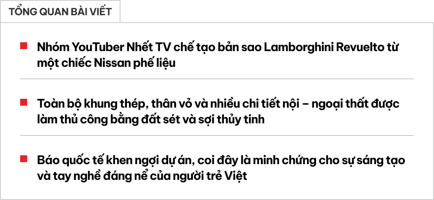 Làm Lamborghini Revuelto từ xe Nissan phế liệu, nhóm YouTuber Quảng Ninh được báo quốc tế ca ngợi: 'Hoàn toàn thuyết phục'- Ảnh 1. Làm Lamborghini Revuelto từ xe Nissan phế liệu, nhóm YouTuber Quảng Ninh được báo quốc tế ca ngợi: 'Hoàn toàn thuyết phục'- Ảnh 1.