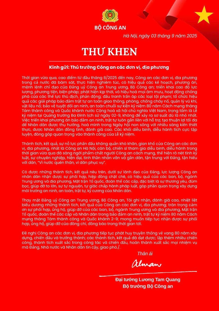 Thư khen Bộ trưởng Công an Lương Tam Quang về thành công bảo đảm an ninh dịp Lễ quan trọng - Ảnh 2. Thư khen Bộ trưởng Công an Lương Tam Quang về thành công bảo đảm an ninh dịp Lễ quan trọng - Ảnh 2.