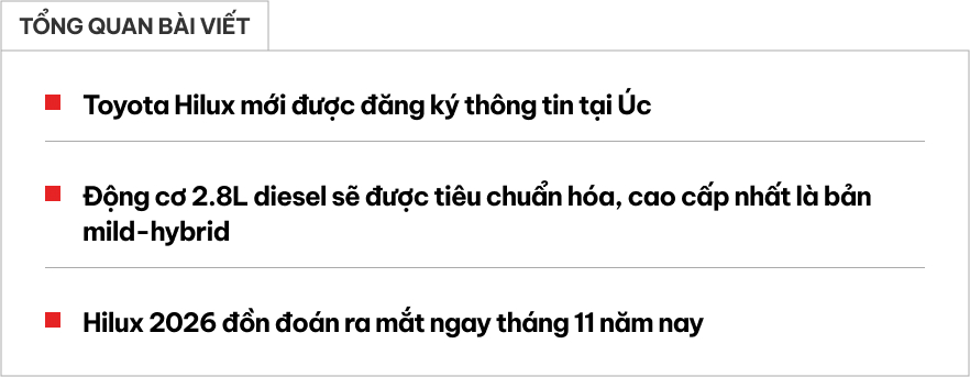 Toyota Hilux 2026 sắp ra mắt lộ th&ocirc;ng tin động cơ hybrid đấu Ranger: Mạnh hơn m&aacute;y dầu đang b&aacute;n ở Việt Nam, chỉ k&egrave;m số tự động- Ảnh 1.