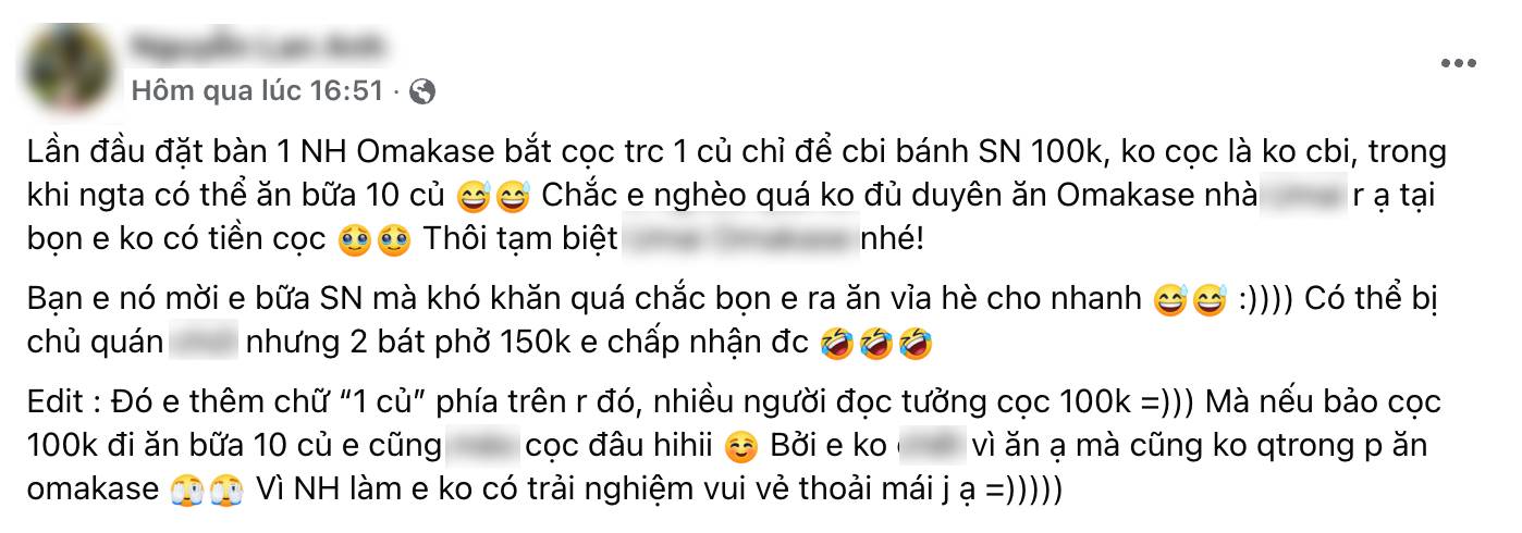 Đi ăn omakase phải cọc trước 1 triệu, kh&aacute;ch nữ g&acirc;y tranh c&atilde;i khi n&oacute;i c&aacute;c nh&agrave; h&agrave;ng ở Việt Nam "đừng c&oacute; lắm chuyện qu&aacute;"- Ảnh 1.