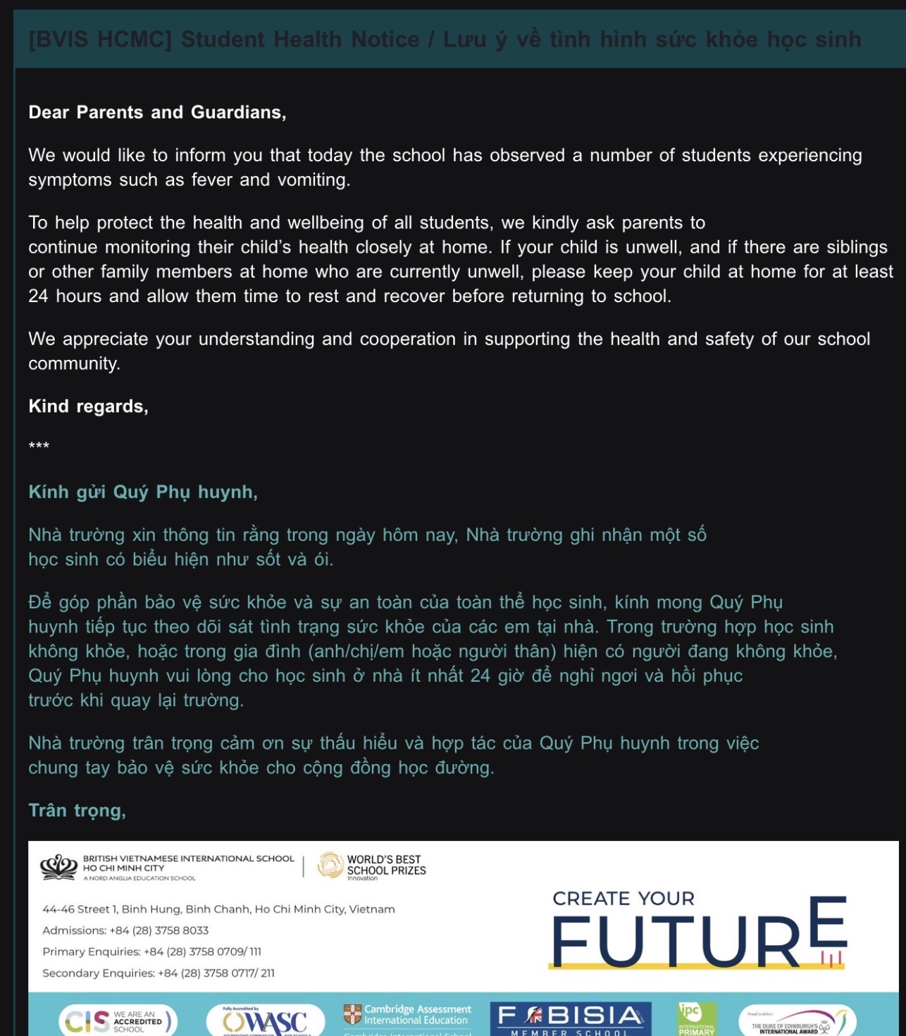 Nghi con bị ngộ độc thực phẩm , phụ huynh bức x&uacute;c v&igrave; th&ocirc;ng b&aacute;o v&ocirc; cảm từ trường BVIS - Ảnh 1.