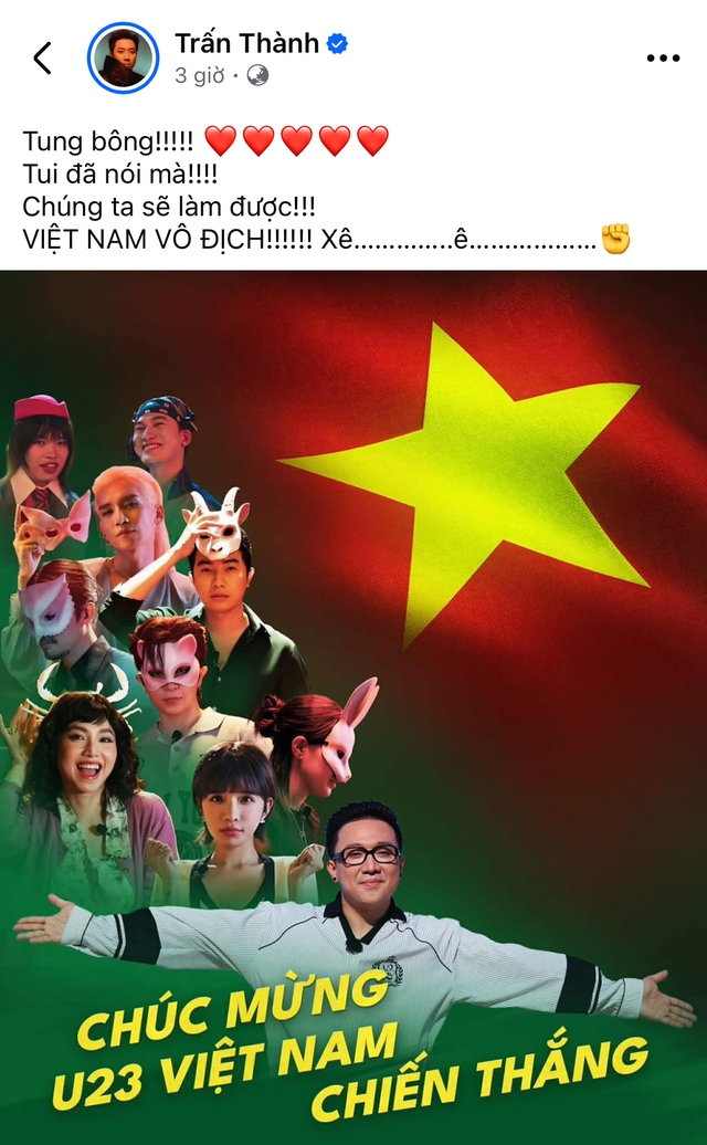Trấn Thành, Hoà Minzy và dàn sao Việt vỡ oà trước chiến thắng của U23 Việt Nam - Ảnh 1.