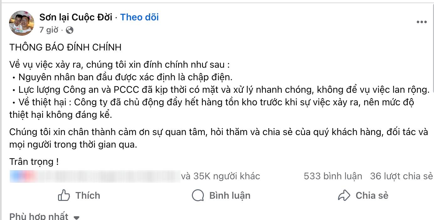 TikToker &ldquo;Sơn Lại Cuộc Đời&rdquo; đ&iacute;nh ch&iacute;nh sau th&ocirc;ng tin ch&aacute;y xưởng- Ảnh 1.