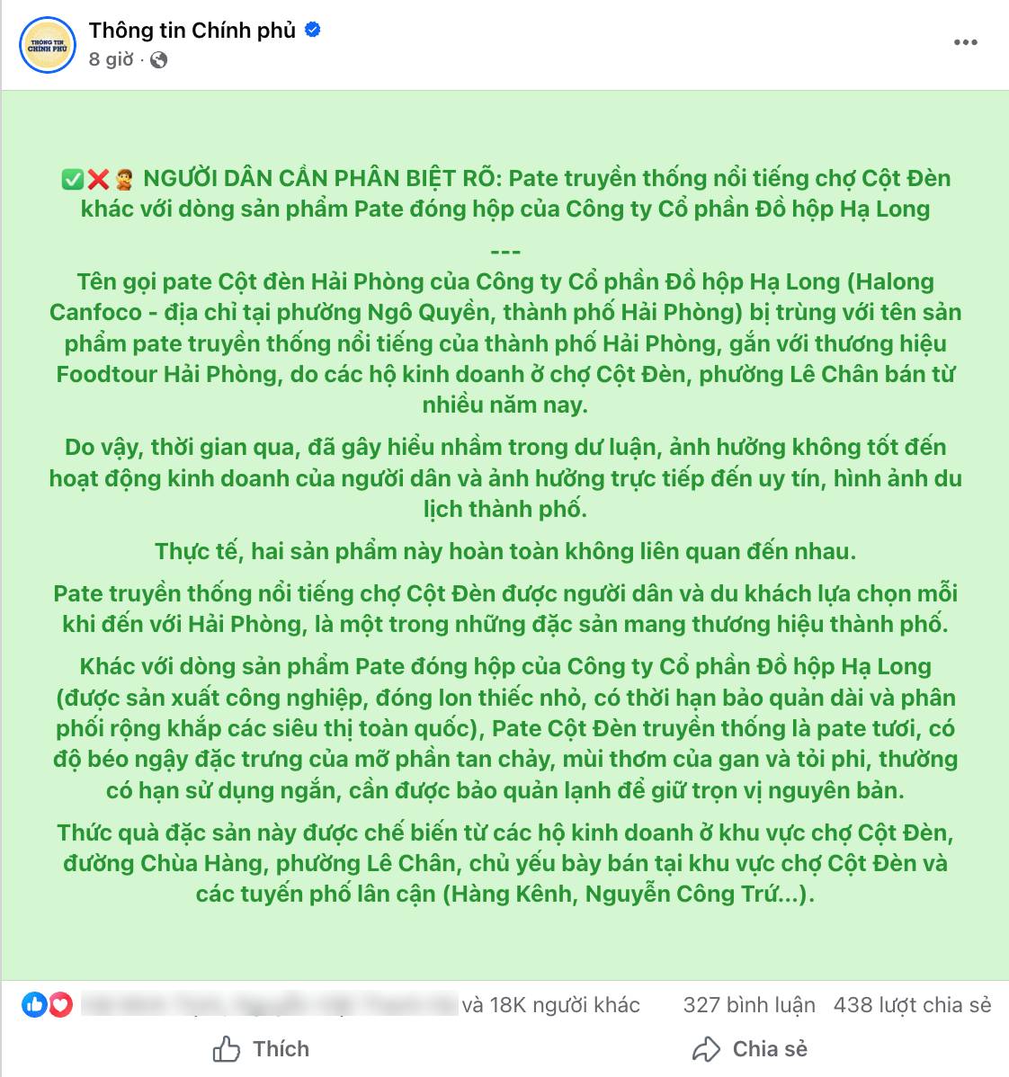 Trang Thông tin Chính phủ đưa khuyến cáo quan trọng về pate Cột Đèn- Ảnh 1. Trang Thông tin Chính phủ đưa khuyến cáo quan trọng về pate Cột Đèn- Ảnh 1.