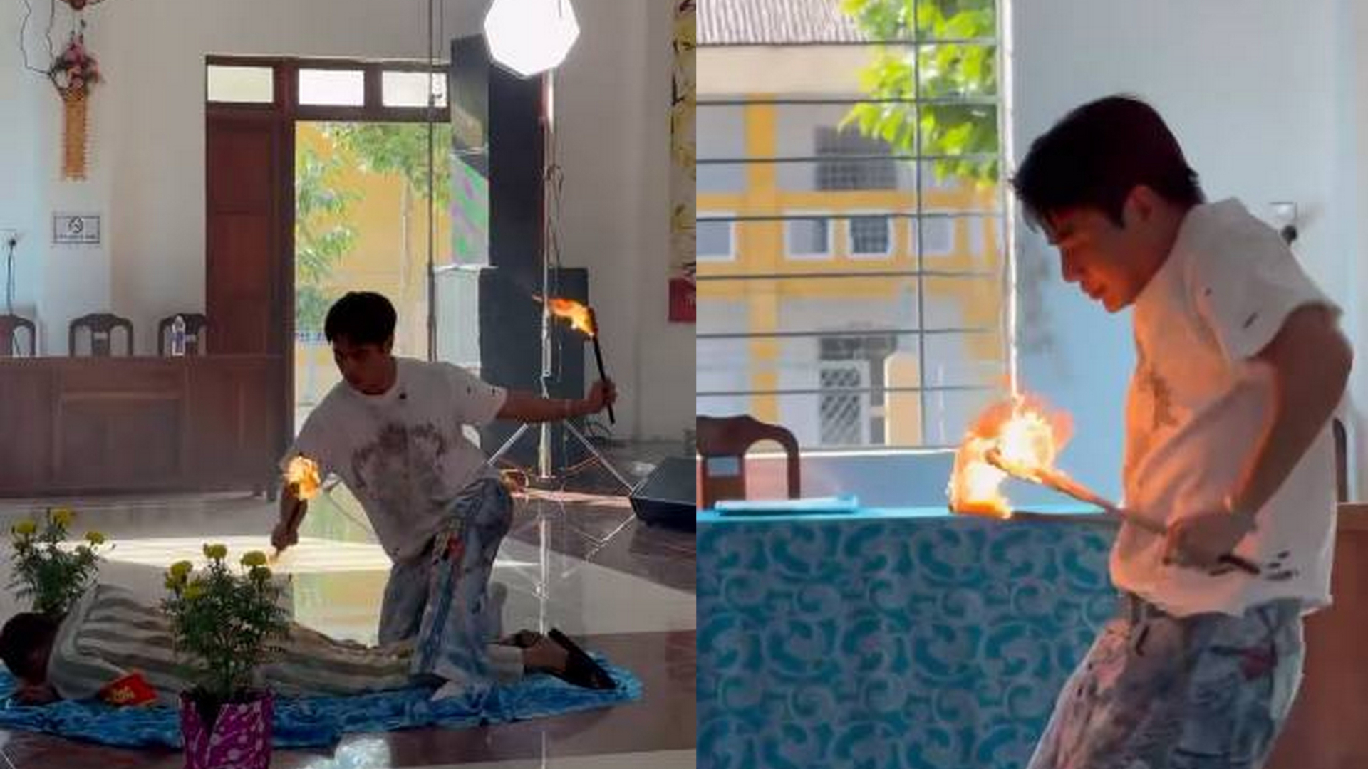 Lê Dương Bảo Lâm múa lửa ở trại giam, phản ứng của 1 phạm nhân gây chú ý - Ảnh 1.