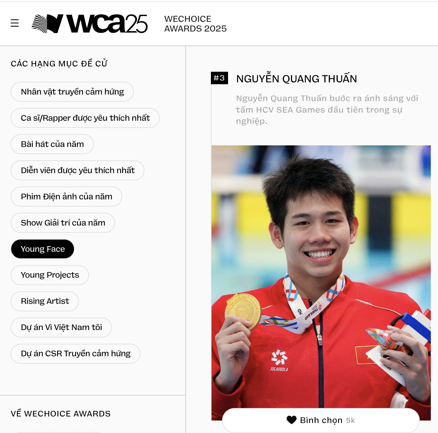 Ho&agrave;ng Đức chạm tr&aacute;n Quang Thuấn, L&yacute; Ho&agrave;ng Nam tại hạng mục Young Face WeChoice Awards 2025: D&agrave;n sao thể thao cạnh tranh từng vote- Ảnh 4.