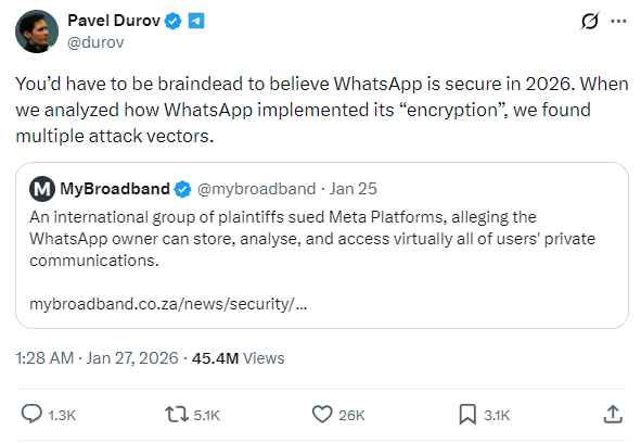 Ceo Telegram Chỉ Trích Whatsapp Không An Toàn Trong Năm 2026 - Ảnh 1. Ceo Telegram Chỉ Trích Whatsapp Không An Toàn Trong Năm 2026 - Ảnh 1.