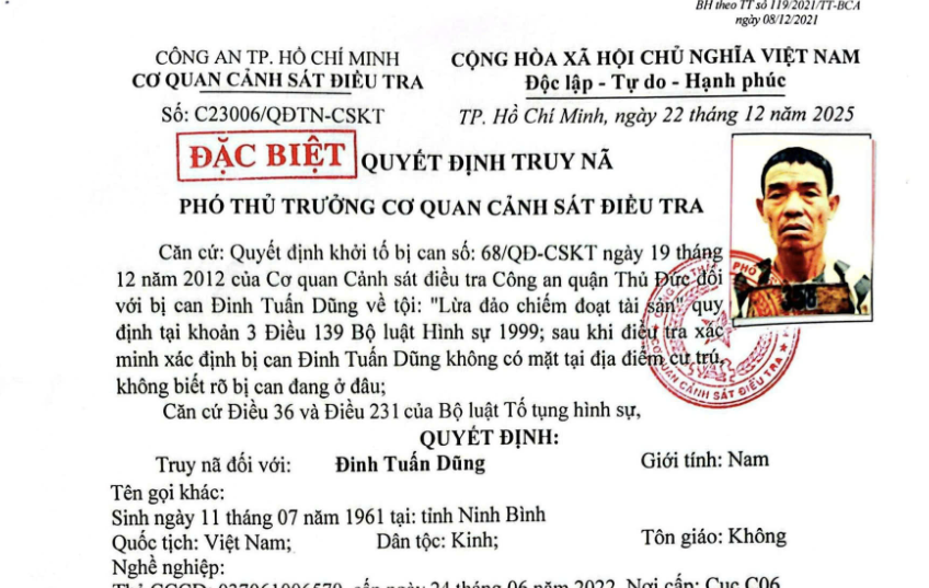 C&ocirc;ng an TPHCM truy n&atilde; Đinh Tuấn Dũng - Ảnh 1.