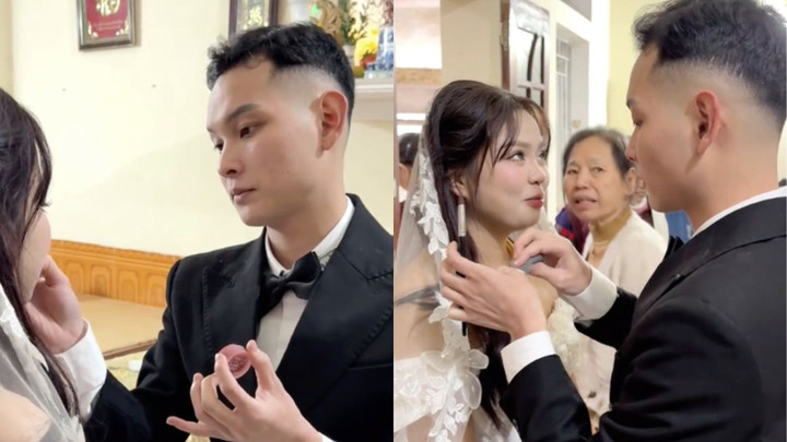 Cảnh ch&uacute; rể tự tay trang điểm cho vợ trong ng&agrave;y cưới khiến d&acirc;n mạng 'tan chảy'- Ảnh 1.